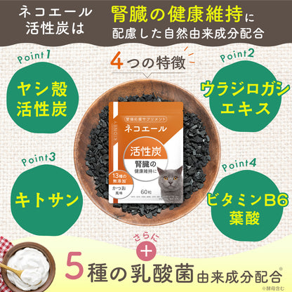毎日がんばる猫の腎臓にエールを送る 活性炭タブレット（かつお味）６０粒入り